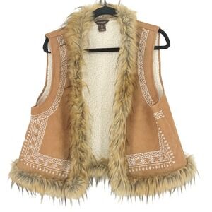 Multiples Womens Penny Lane Faux Suede Fur Lined Embroidered Sherpa Vest Siz PXL